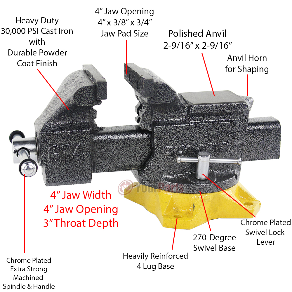 Olympia Tools 4" Inch Bench Vise Cast Iron Anvil 270 Degree Swivel Base